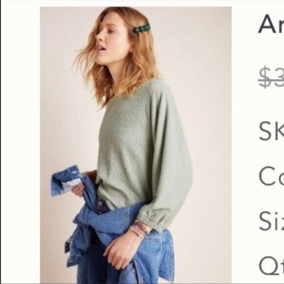 Anthropologie Sage Green Textured Puff Long Sleeve Top Like New Condition Large - Picture 2 of 8